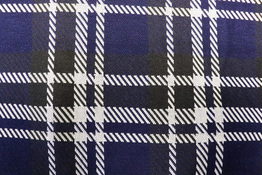 Navy Tartan Jacquard Fabric Black White Lines with Stretch