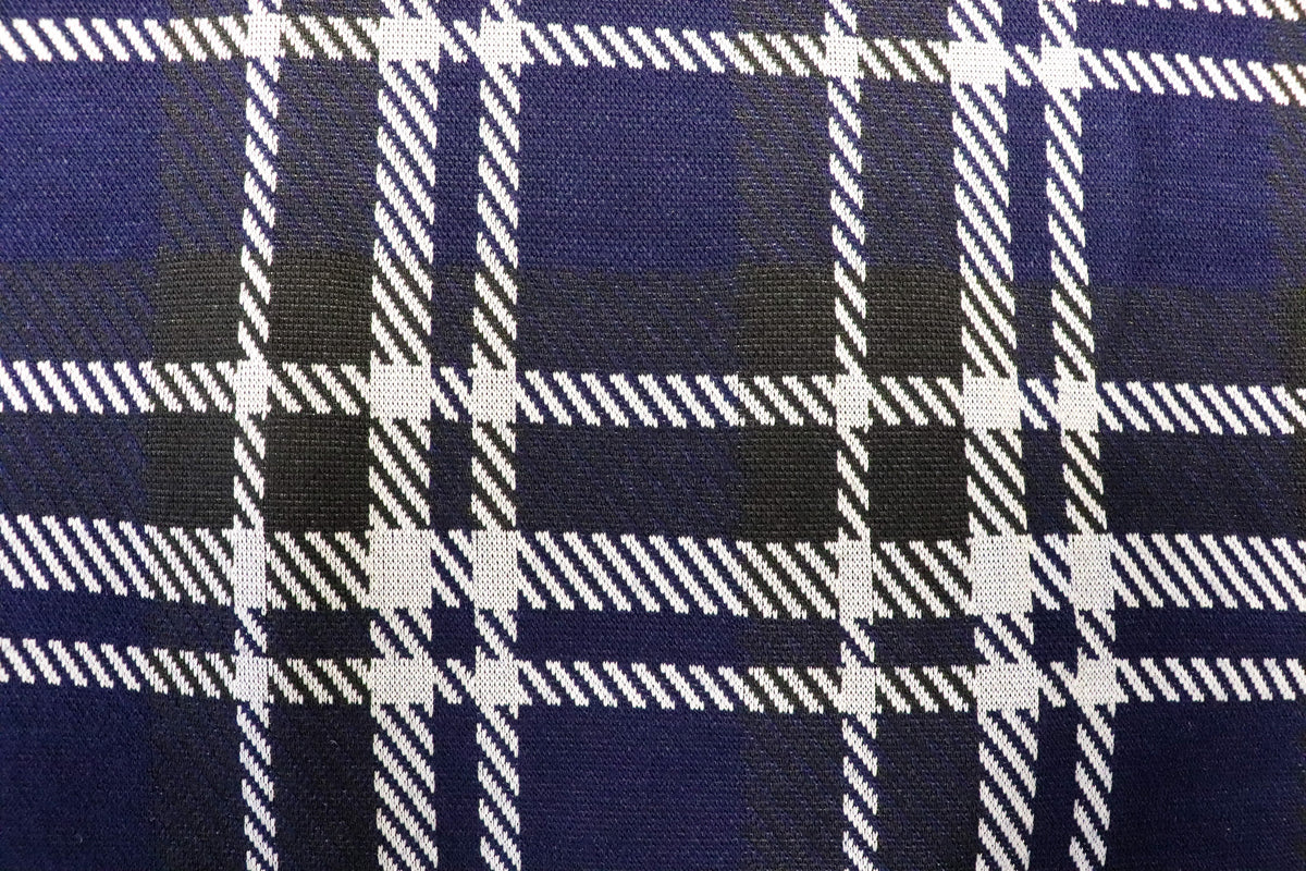 Navy Tartan Jacquard Fabric Black White Lines with Stretch