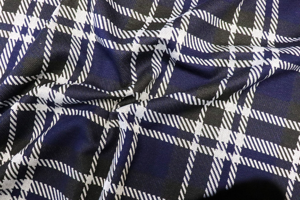 Navy Tartan Jacquard Fabric Black White Lines with Stretch