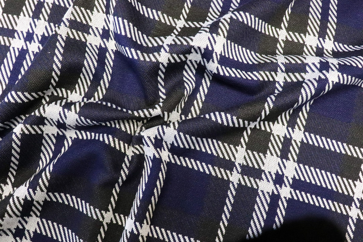 Navy Tartan Jacquard Fabric Black White Lines with Stretch