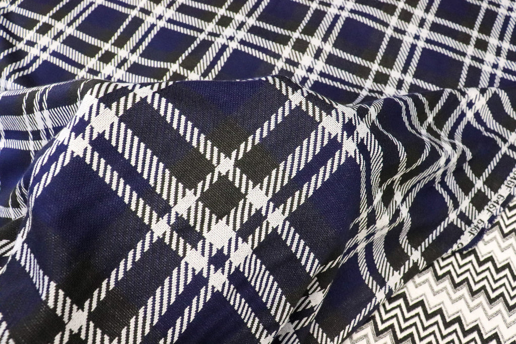 Navy Tartan Jacquard Fabric Black White Lines with Stretch