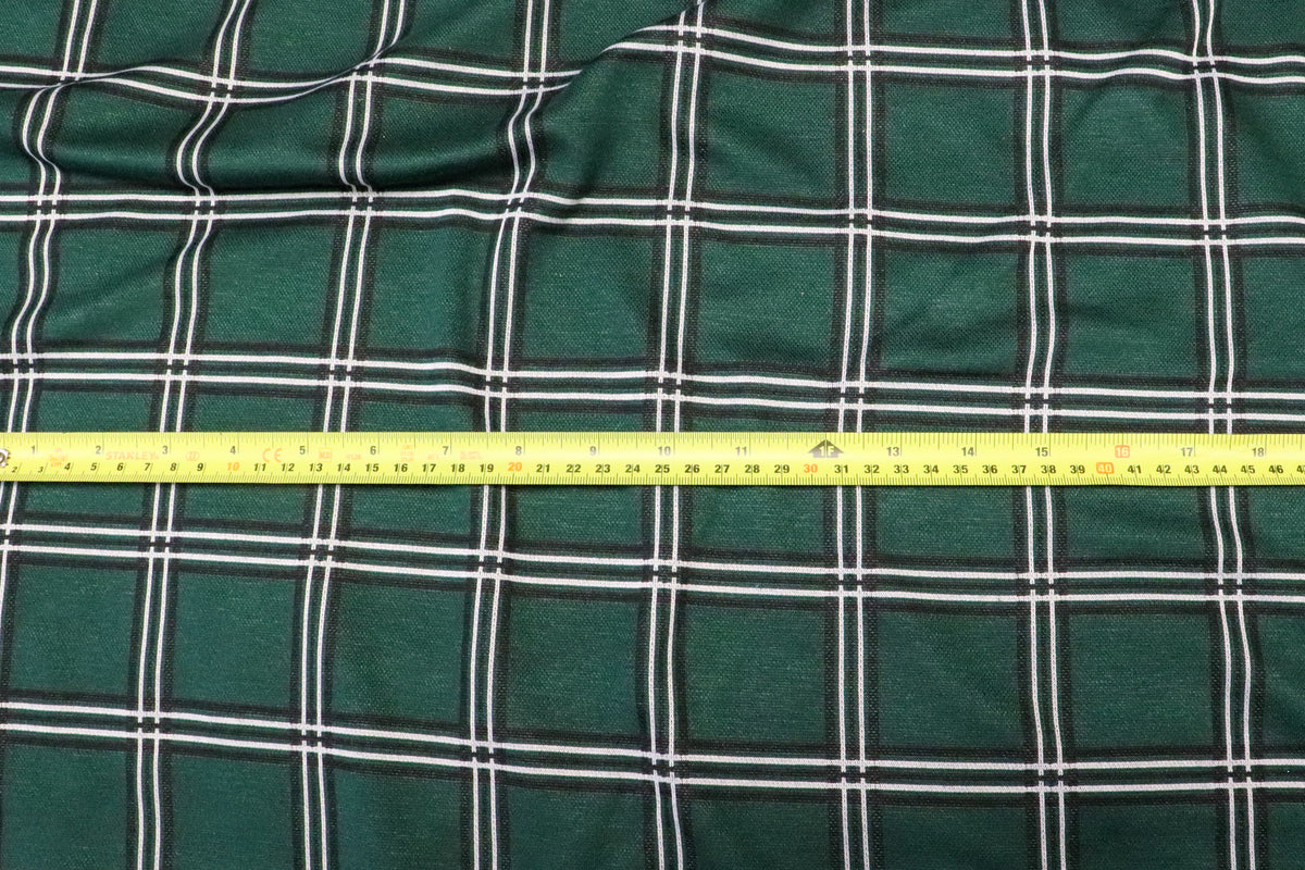 Bottle Green Check Jacquard Fabric Black White Lines Stretch