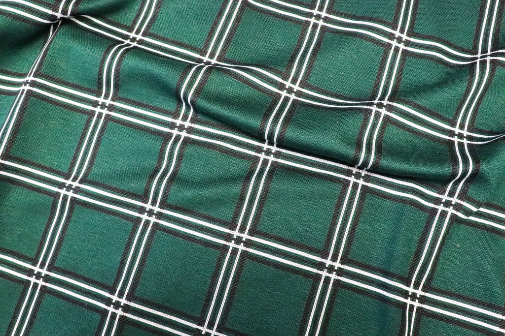 Bottle Green Check Jacquard Fabric Black White Lines Stretch