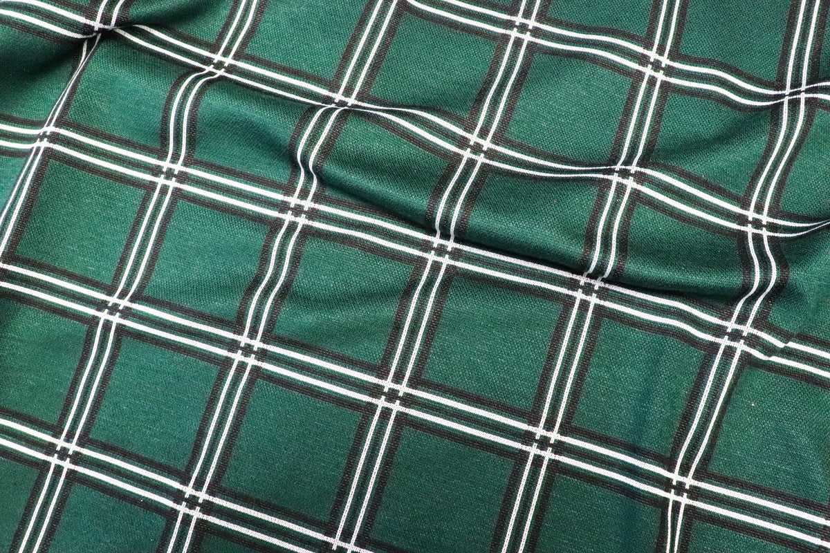 Bottle Green Check Jacquard Fabric Black White Lines Stretch