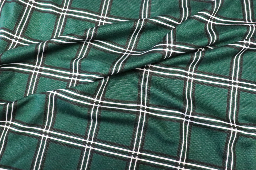 Bottle Green Check Jacquard Fabric Black White Lines Stretch