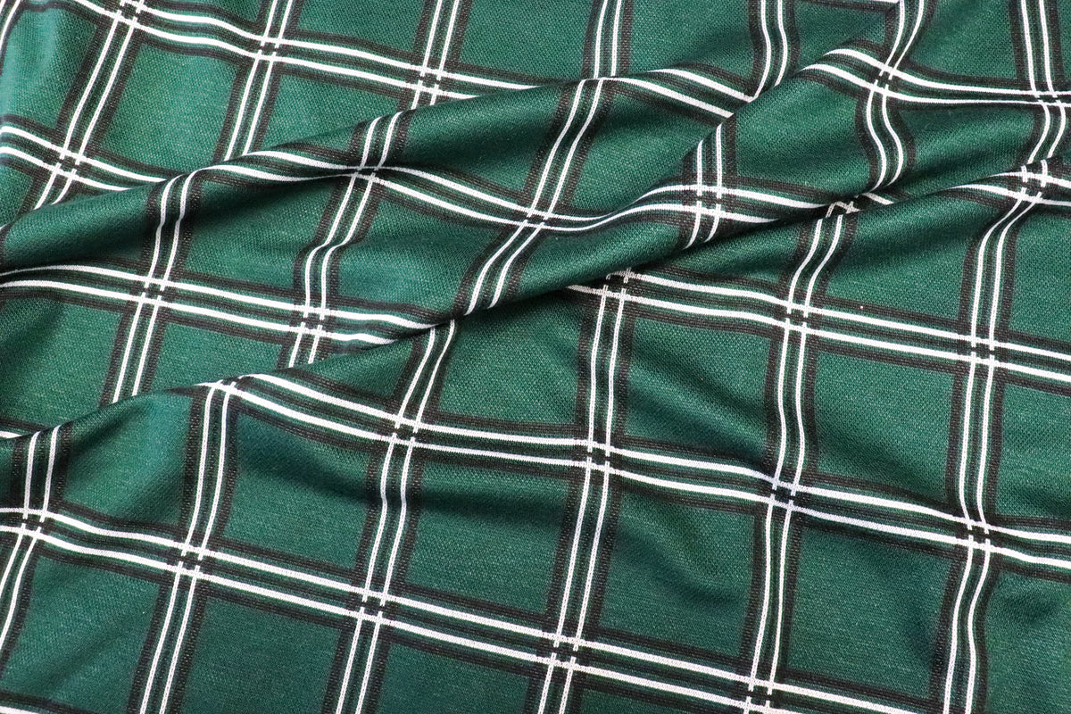 Bottle Green Check Jacquard Fabric Black White Lines Stretch