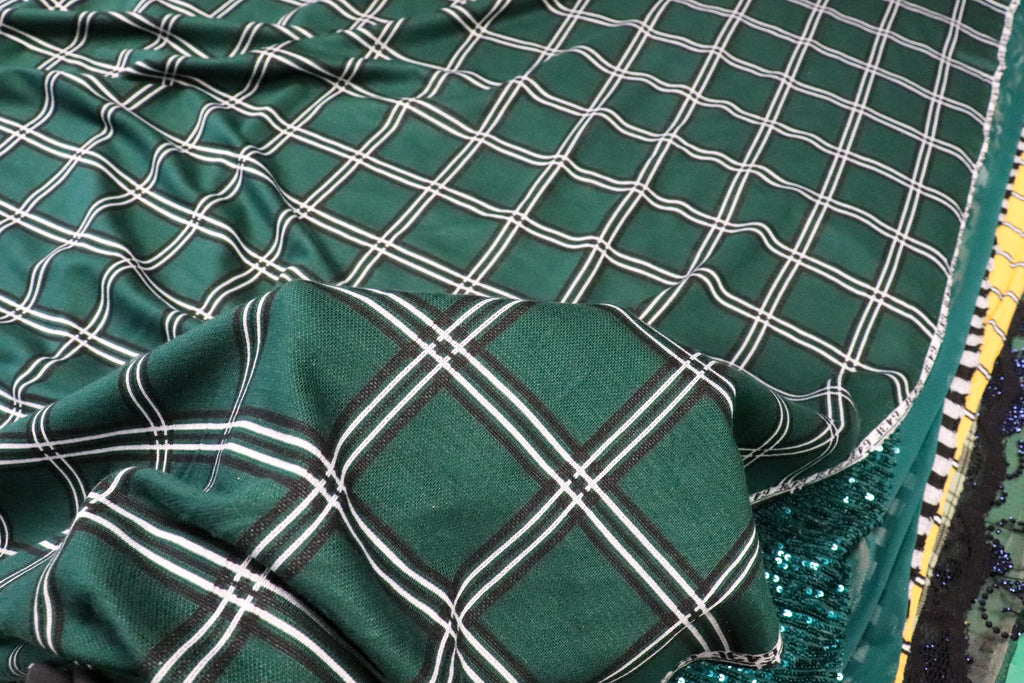 Bottle Green Check Jacquard Fabric Black White Lines Stretch