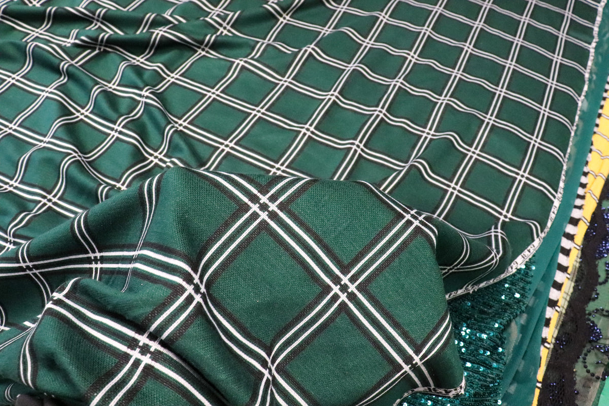 Bottle Green Check Jacquard Fabric Black White Lines Stretch