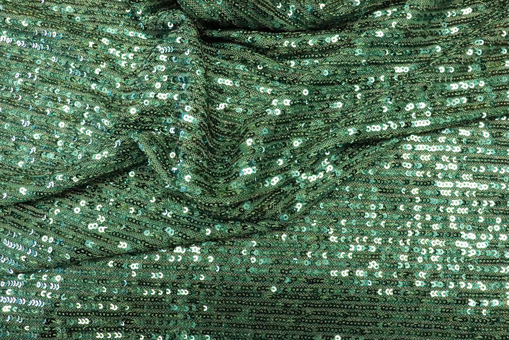 Emerald Green Sequin Mesh Fabric Overlapping Rows with Stretch