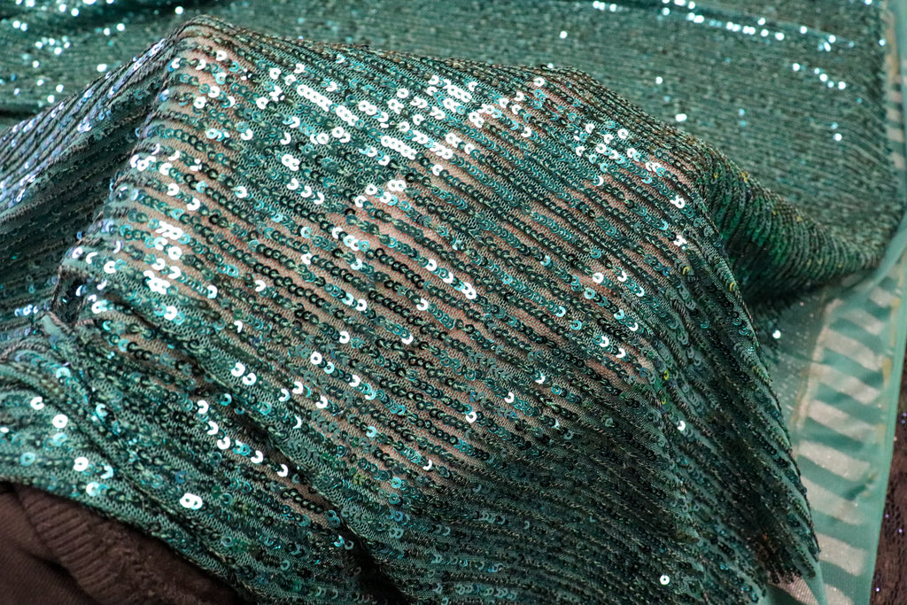 Emerald Green Sequin Mesh Fabric Overlapping Rows with Stretch