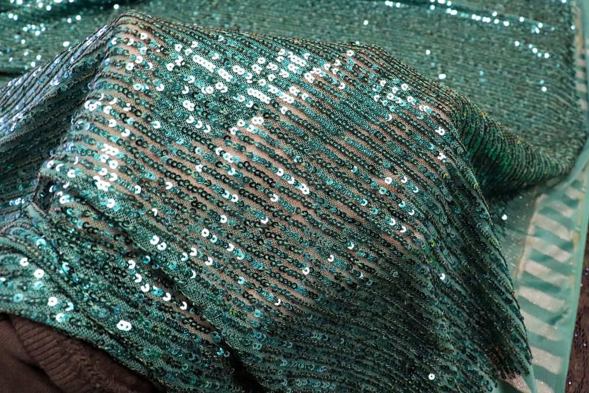 Emerald Green Sequin Mesh Fabric Overlapping Rows with Stretch