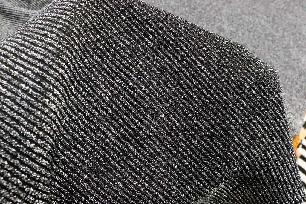 Black Silver Lurex Fabric Horizontal Stripes All Way Stretch