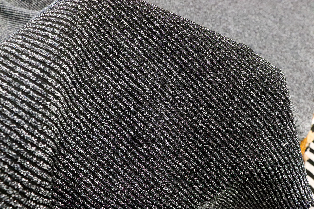 Black Silver Lurex Fabric Horizontal Stripes All Way Stretch