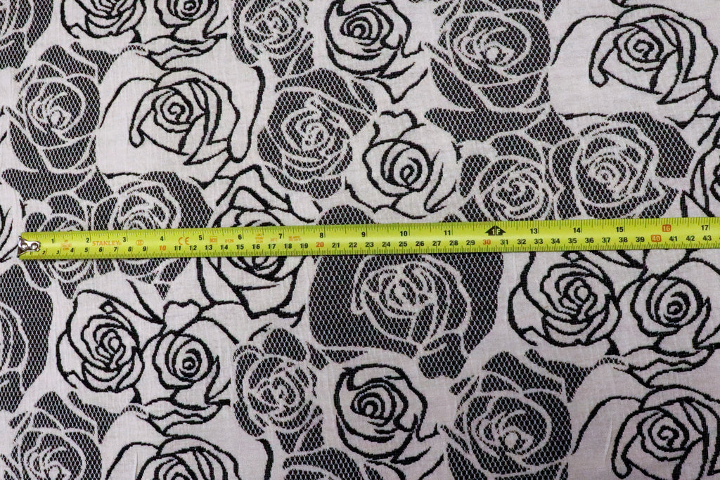 Black White Rose Jacquard Fabric Large Floral Stretch