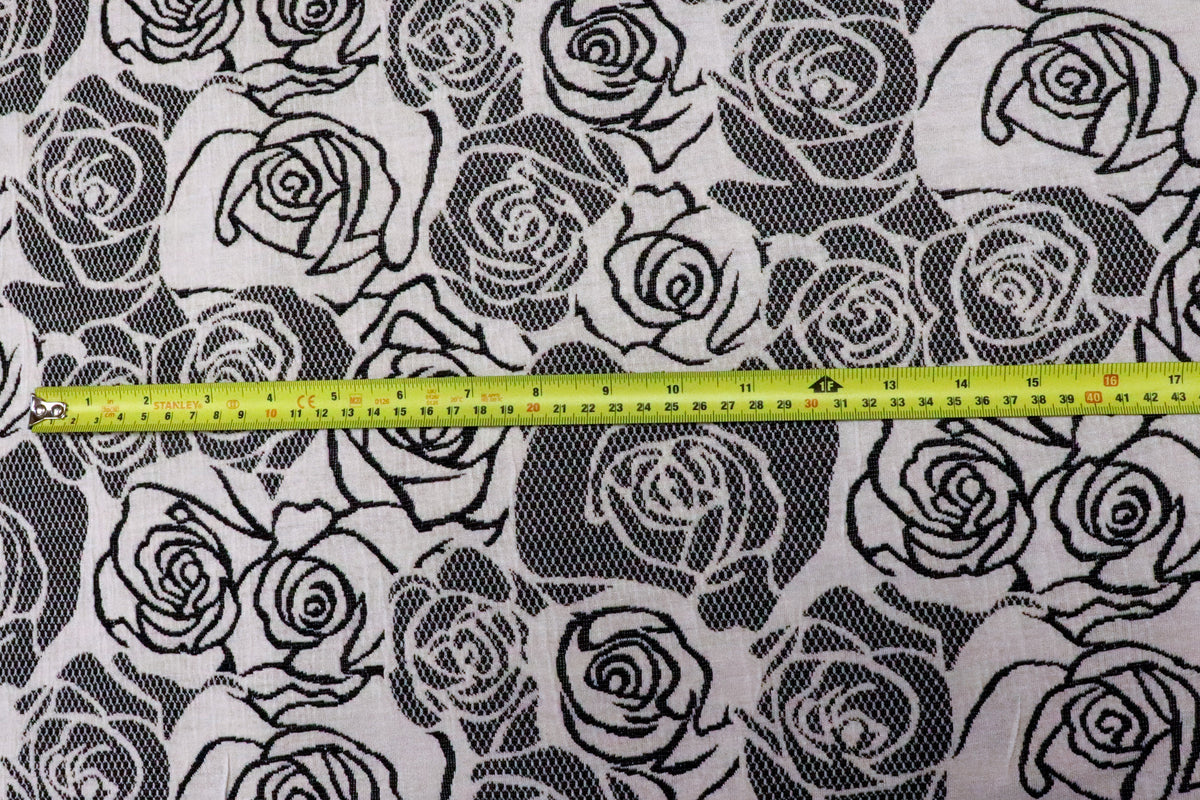 Black White Rose Jacquard Fabric Large Floral Stretch