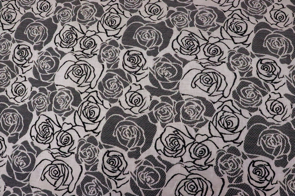 Black White Rose Jacquard Fabric Large Floral Stretch