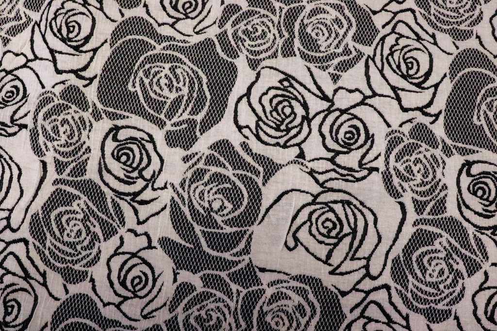 Black White Rose Jacquard Fabric Large Floral Stretch
