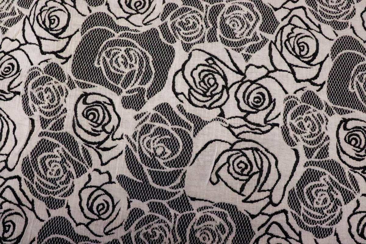 Black White Rose Jacquard Fabric Large Floral Stretch