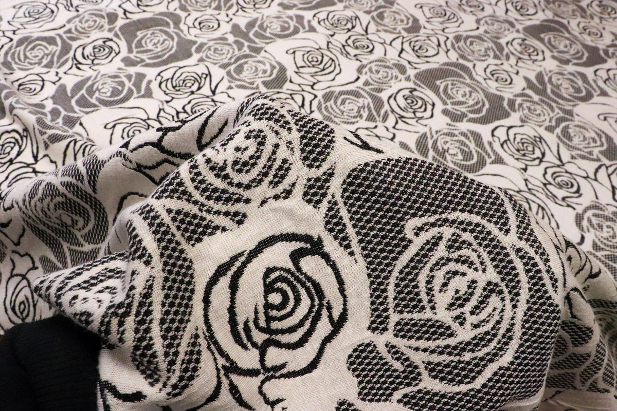 Black White Rose Jacquard Fabric Large Floral Stretch
