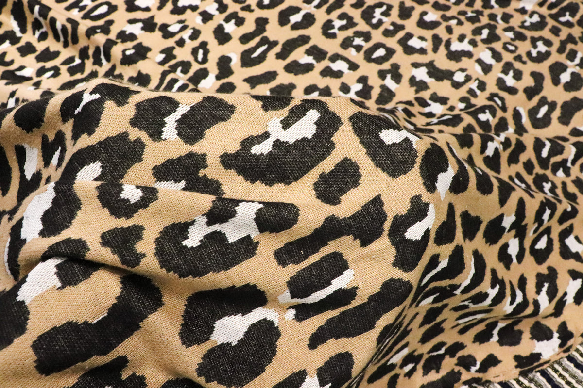 Beige Leopard Jacquard Fabric with Stretch Knitted Design