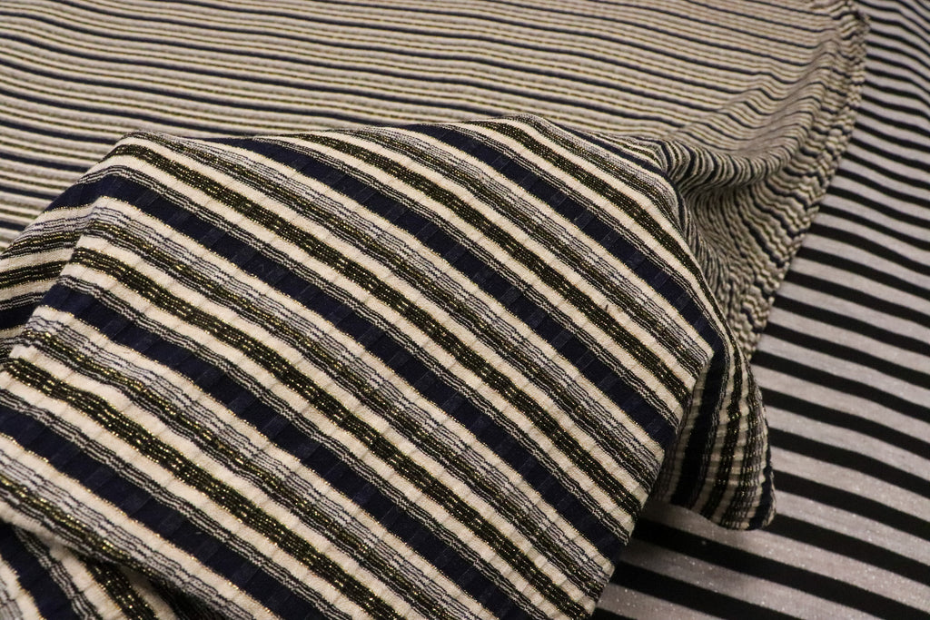 Navy Ivory Rib Fabric Gold Lurex Stripes with Stretch
