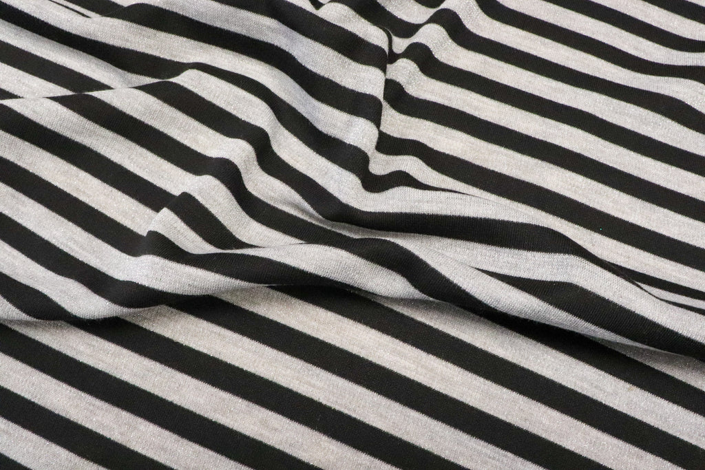 Black Silver Grey Stripe Fabric Horizontal Silver Lurex