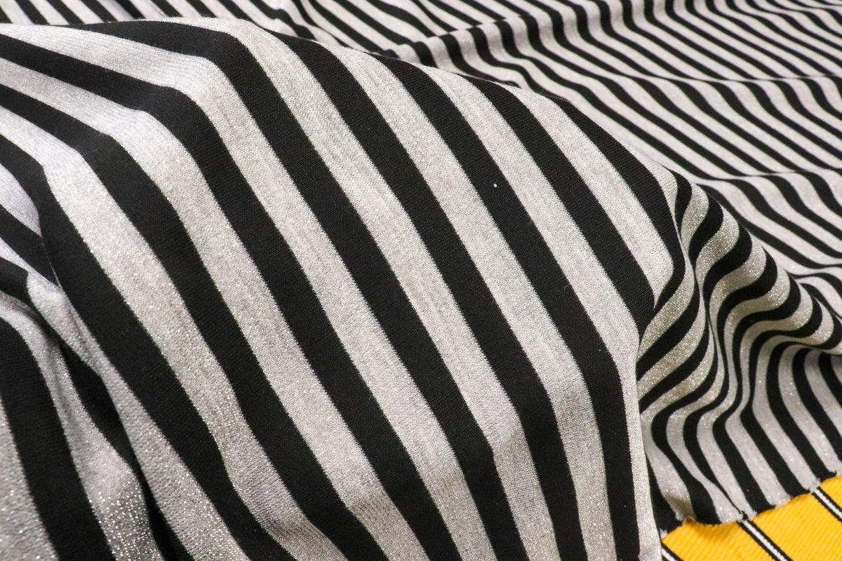 Black Silver Grey Stripe Fabric Horizontal Silver Lurex