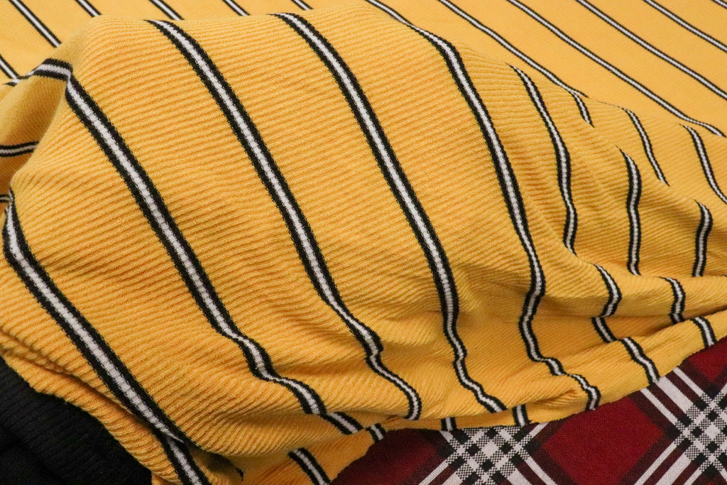 Mustard Rib Knit Fabric Black White Horizontal Stripes 2x1
