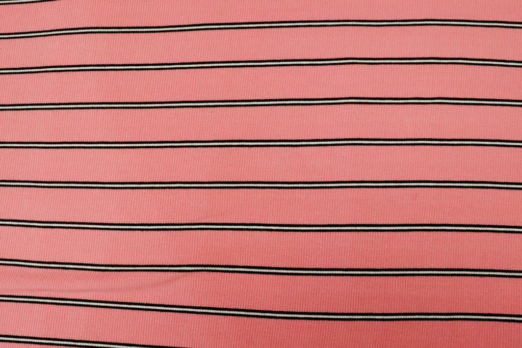 Pink Rib Knit Fabric Black White Horizontal Stripes 2x1