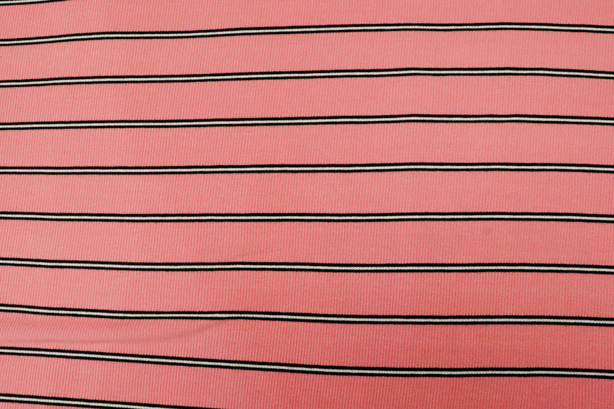 Pink Rib Knit Fabric Black White Horizontal Stripes 2x1