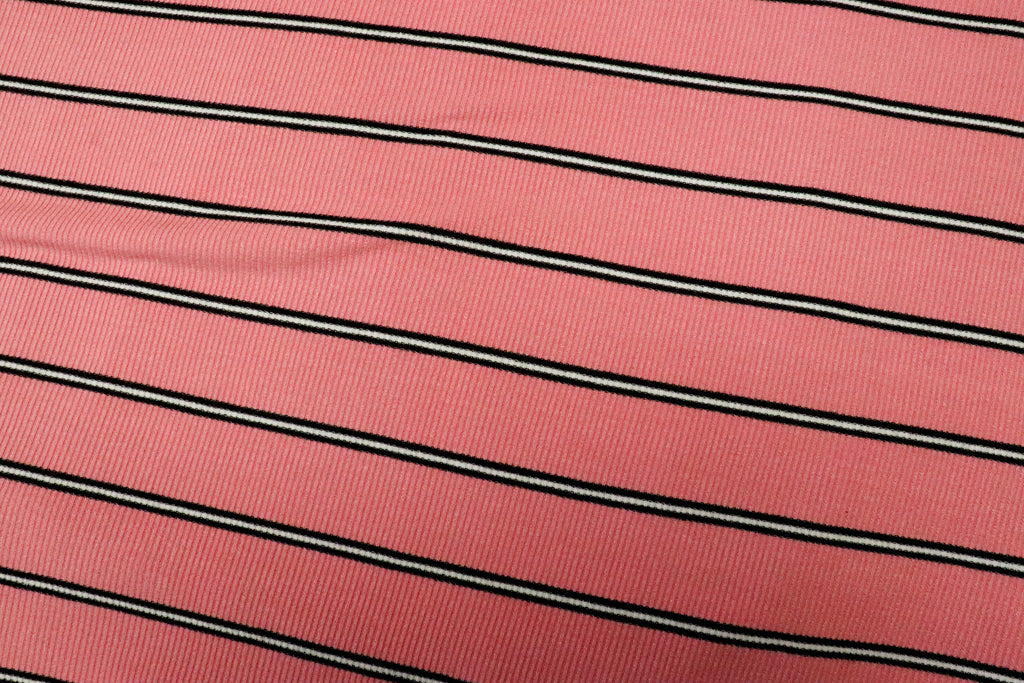 Pink Rib Knit Fabric Black White Horizontal Stripes 2x1