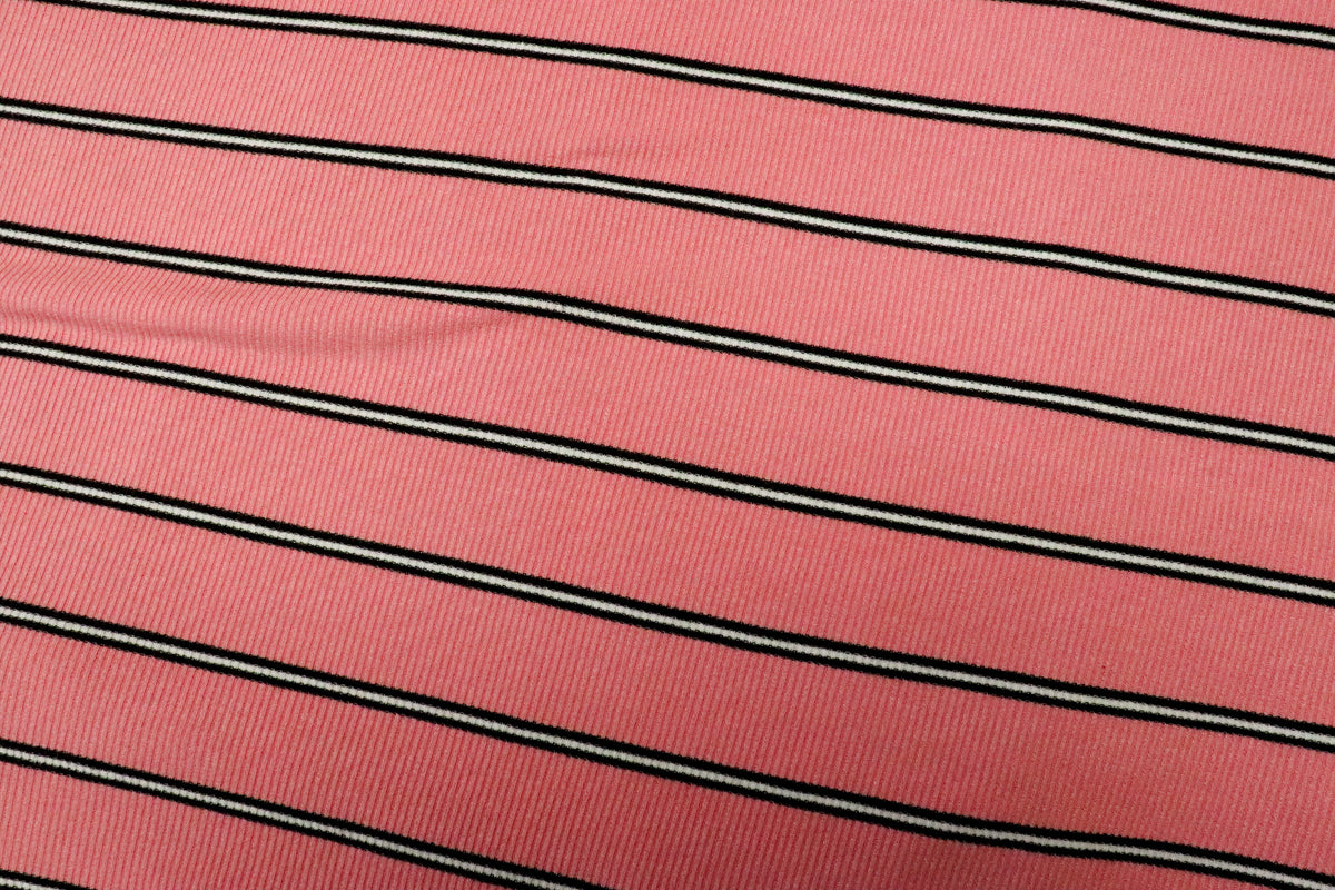 Pink Rib Knit Fabric Black White Horizontal Stripes 2x1