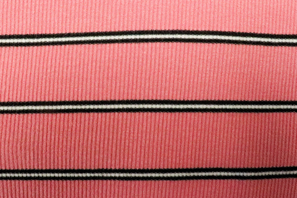 Pink Rib Knit Fabric Black White Horizontal Stripes 2x1
