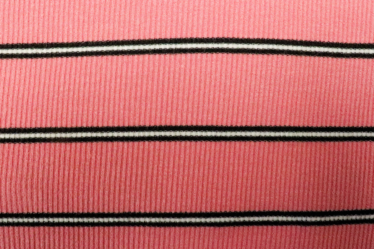 Pink Rib Knit Fabric Black White Horizontal Stripes 2x1