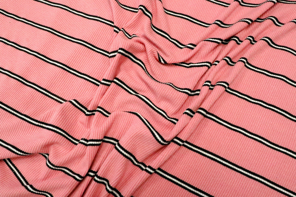Pink Rib Knit Fabric Black White Horizontal Stripes 2x1