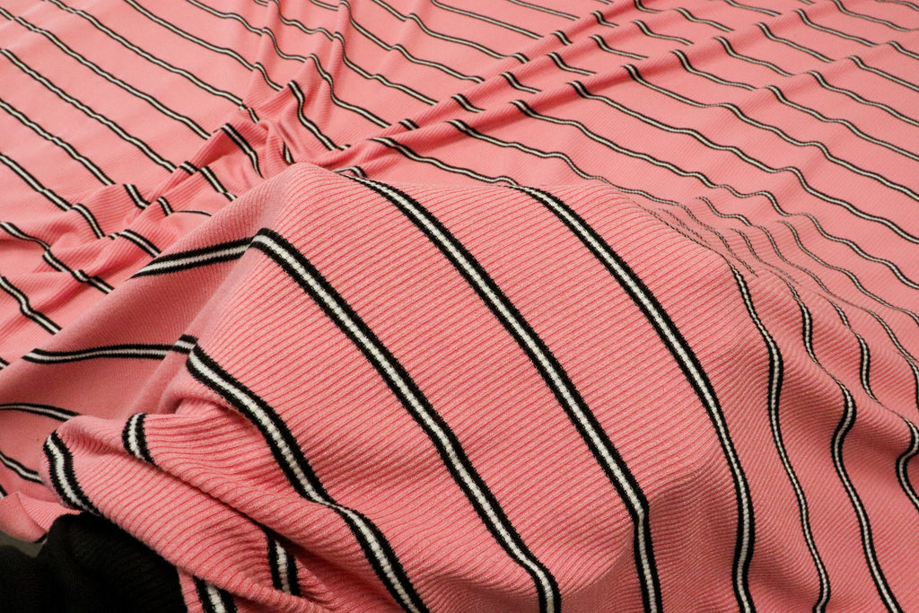 Pink Rib Knit Fabric Black White Horizontal Stripes 2x1