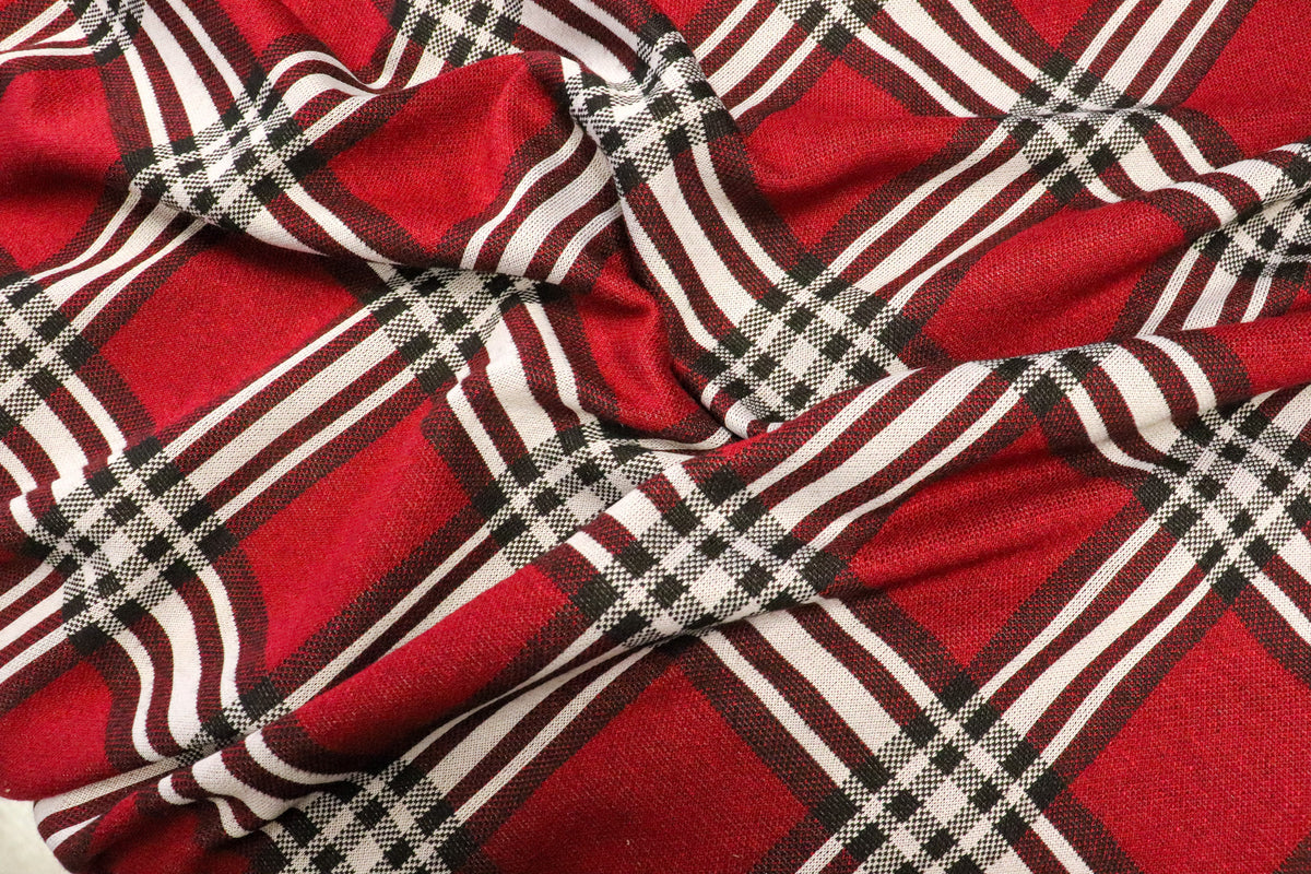 Red Tartan Jacquard Fabric Black White Check with Stretch