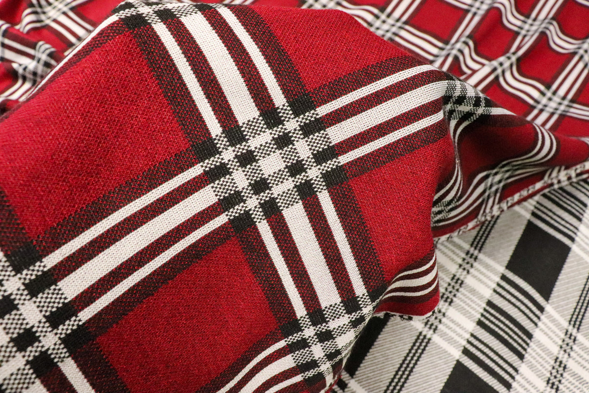 Red Tartan Jacquard Fabric Black White Check with Stretch
