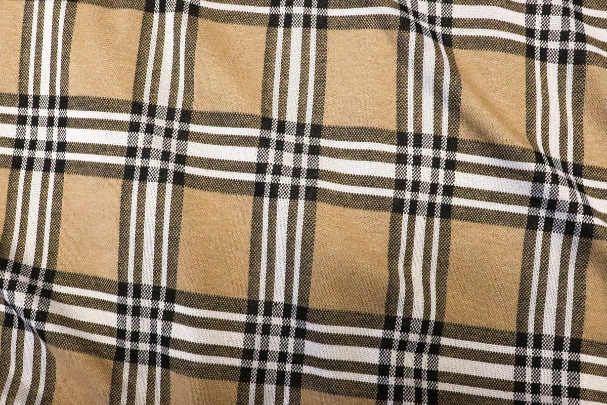 Camel Tartan Jacquard Fabric with Stretch Knit