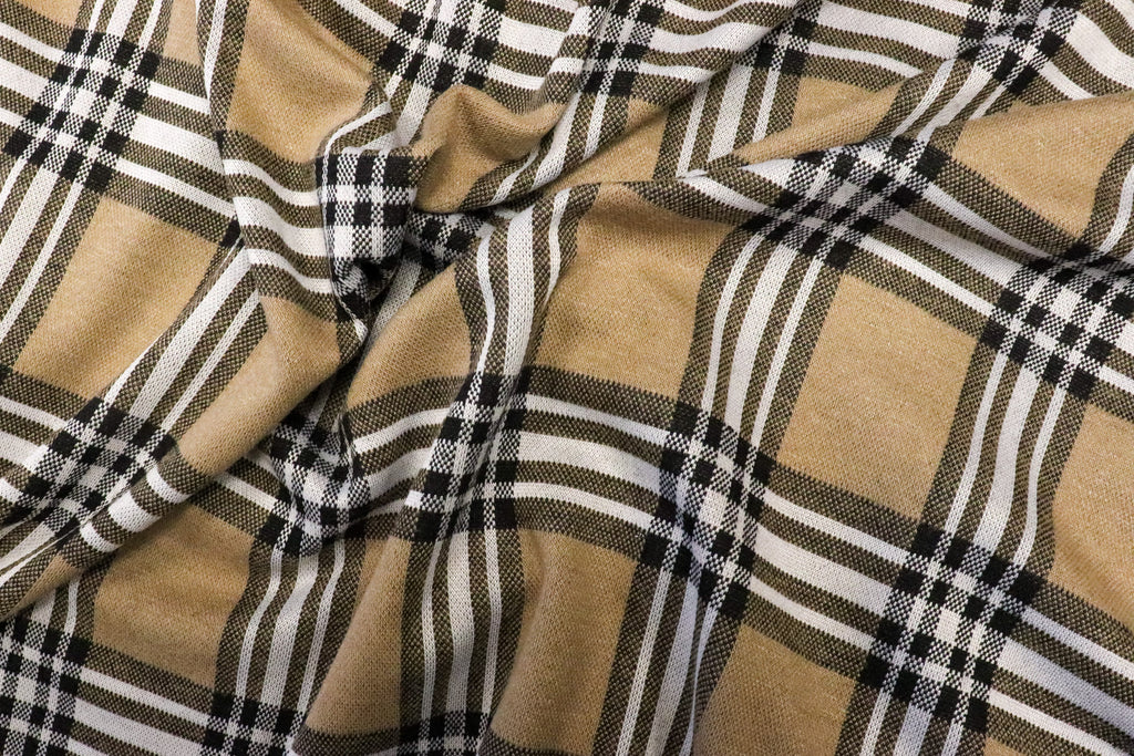 Camel Tartan Jacquard Fabric with Stretch Knit
