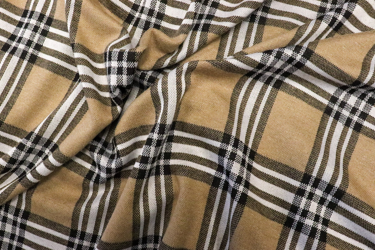 Camel Tartan Jacquard Fabric with Stretch Knit
