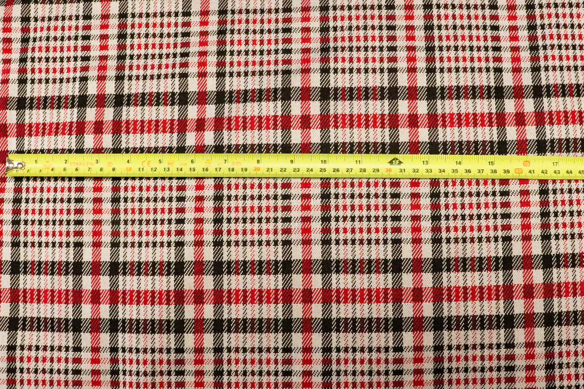 Black White Check Jacquard Fabric Prominent Red Lines Stretch