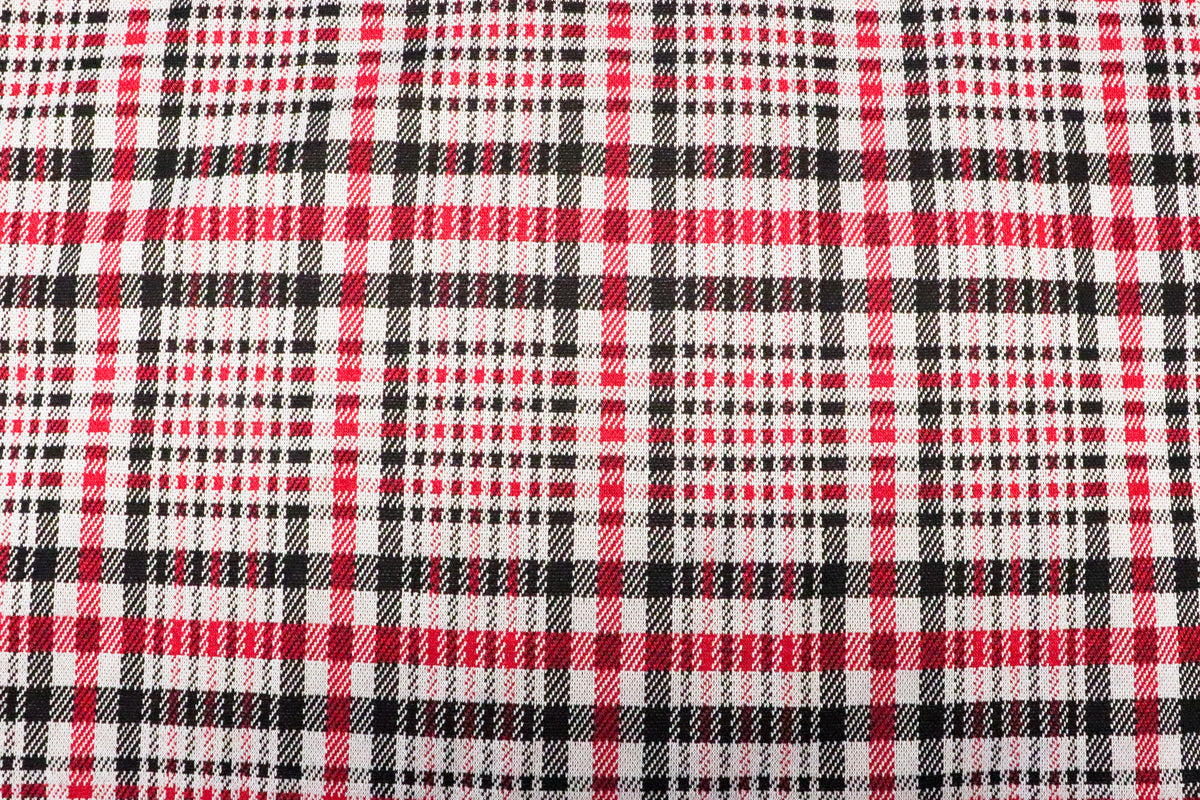 Black White Check Jacquard Fabric Prominent Red Lines Stretch