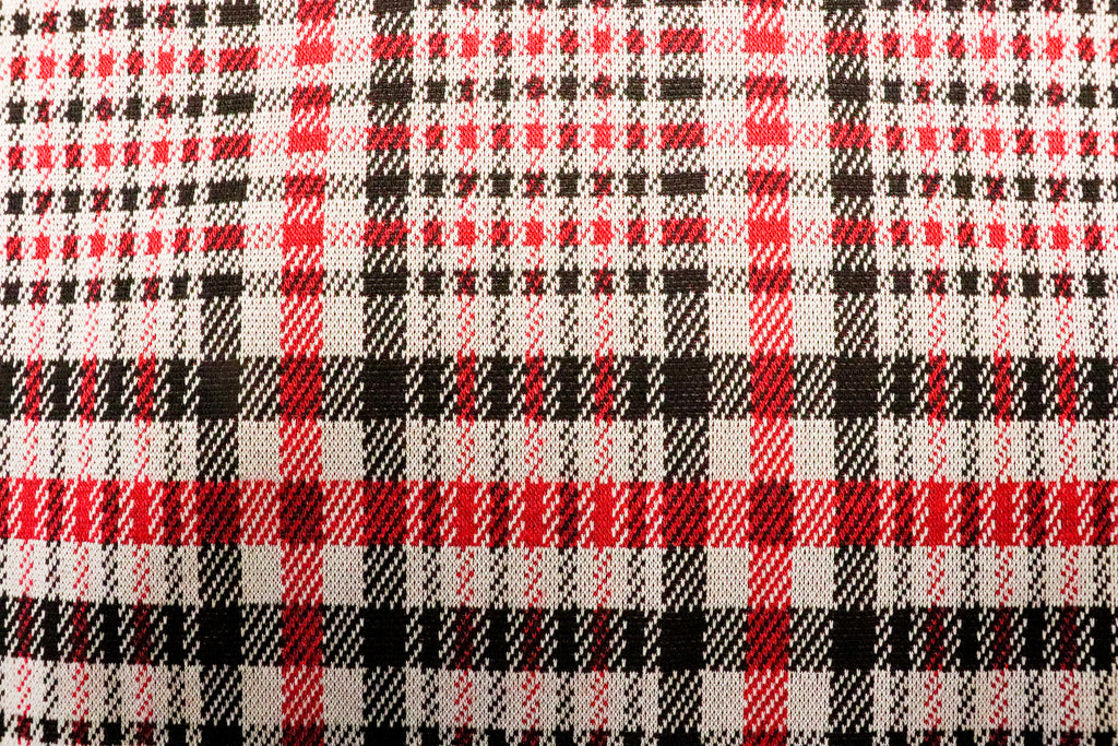 Black White Check Jacquard Fabric Prominent Red Lines Stretch