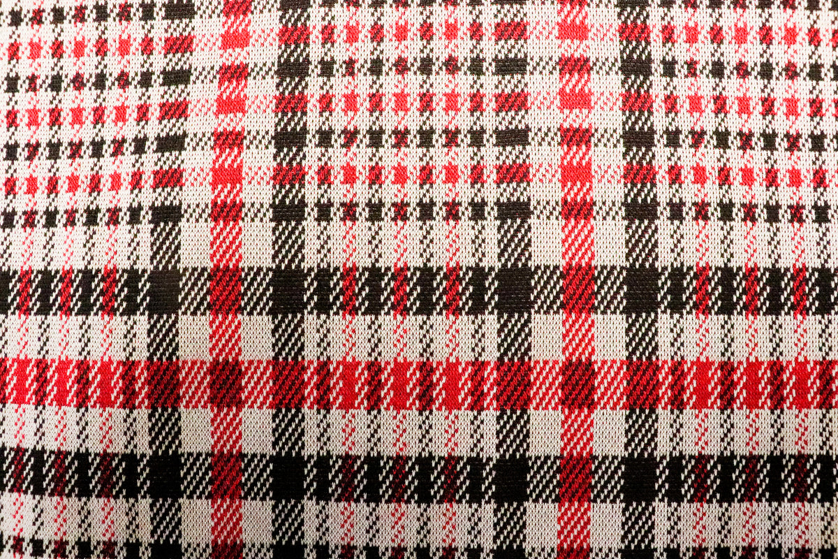 Black White Check Jacquard Fabric Prominent Red Lines Stretch
