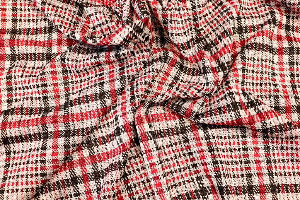 Black White Check Jacquard Fabric Prominent Red Lines Stretch