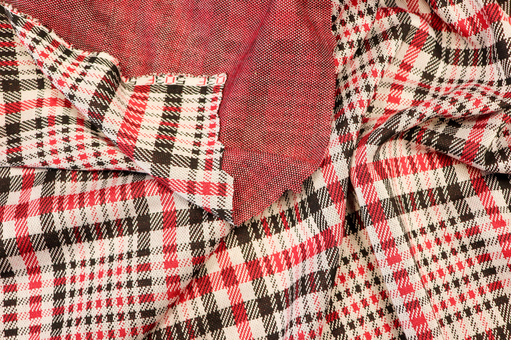 Black White Check Jacquard Fabric Prominent Red Lines Stretch
