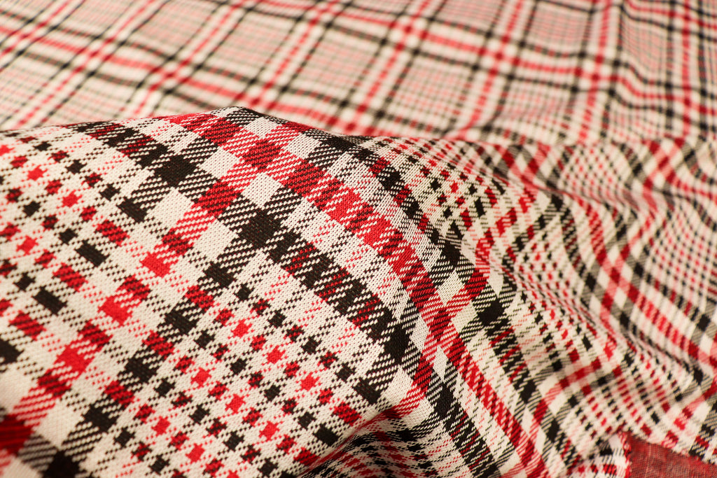 Black White Check Jacquard Fabric Prominent Red Lines Stretch