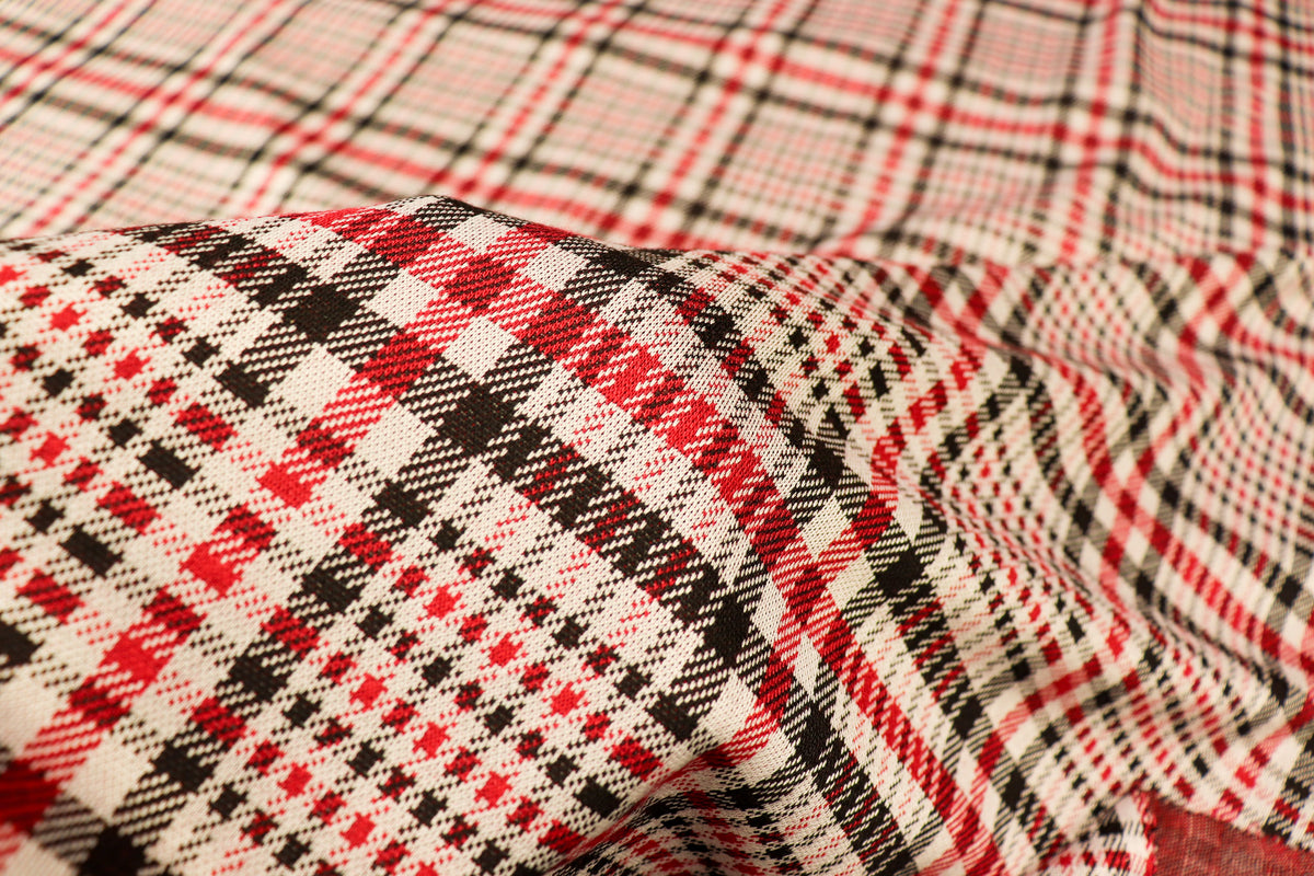 Black White Check Jacquard Fabric Prominent Red Lines Stretch