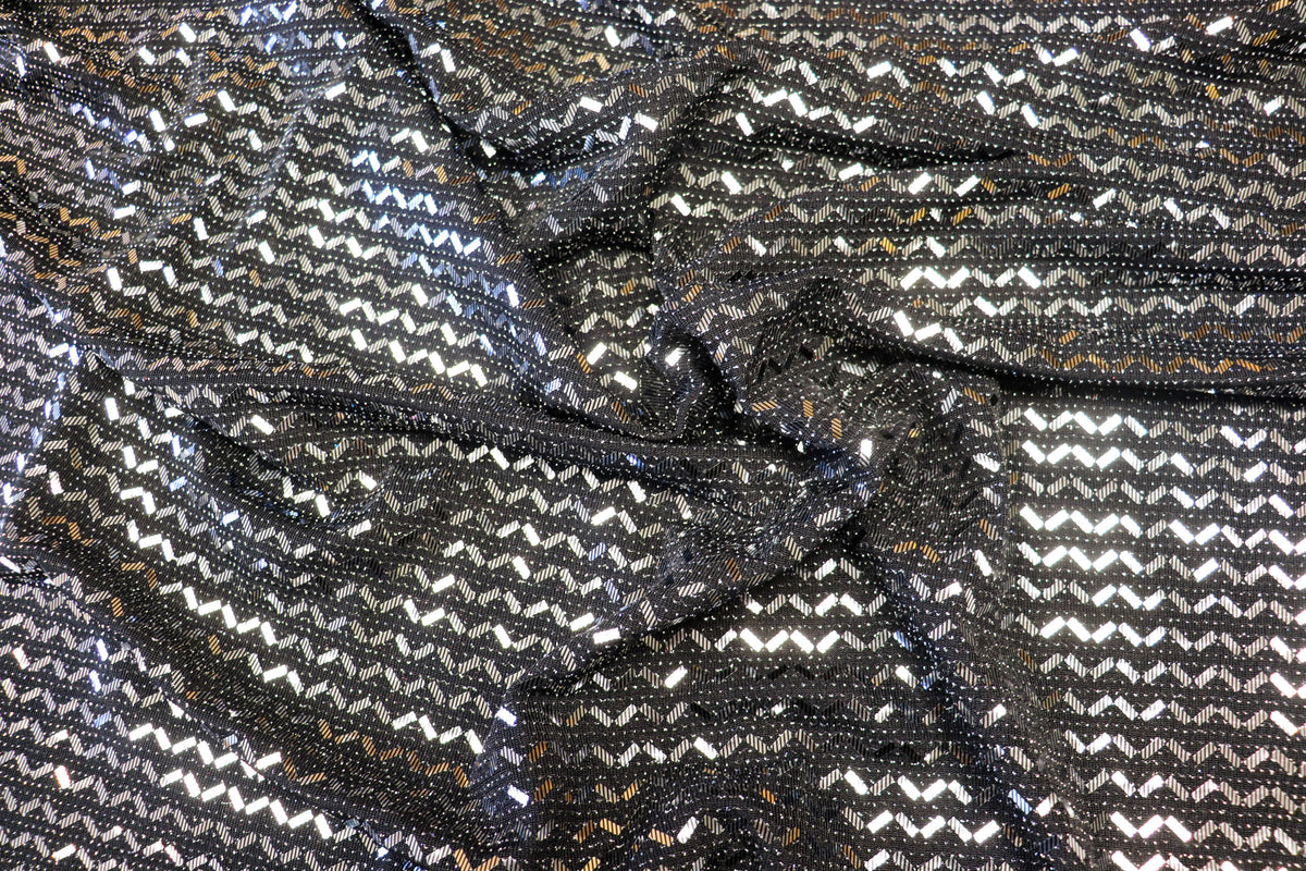 Black Lurex Sequin Fabric Silver Chevron All Way Stretch